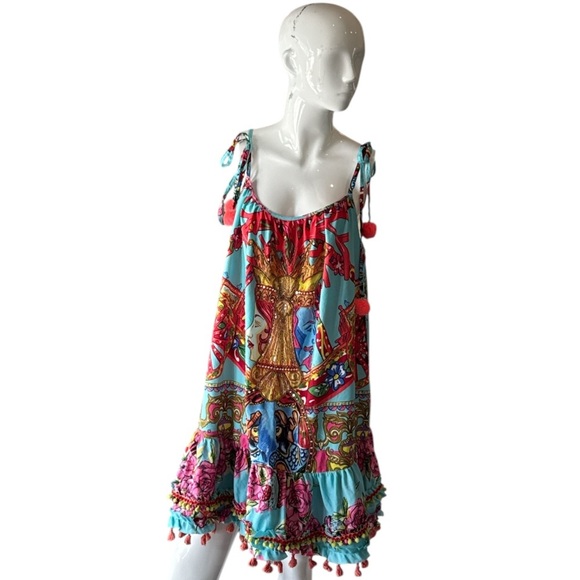Antica Sartoria by Giacomo Cirque Baroque Blue Multi Pom Pom & Tassel Dress OS - Picture 1 of 12